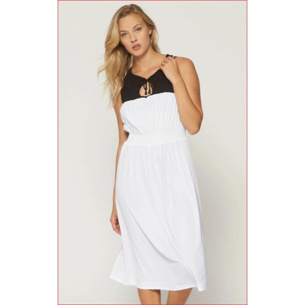 Blanc Noir Vanessa Dress BLD08906 Black White Smocked Performance Midi Small